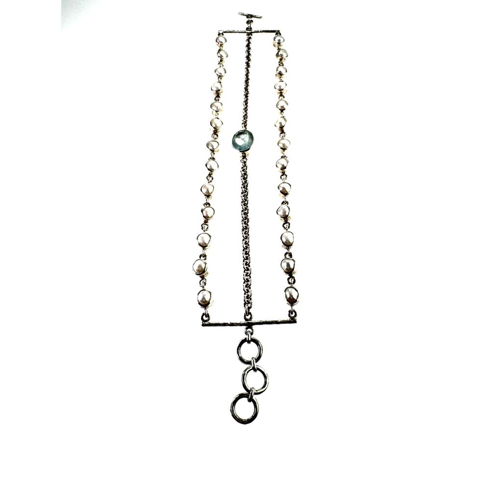 Aquamarine Pearl Sterling Handmade Chain Multi Strand Bracelet 925 Silver - Picture 2 of 5